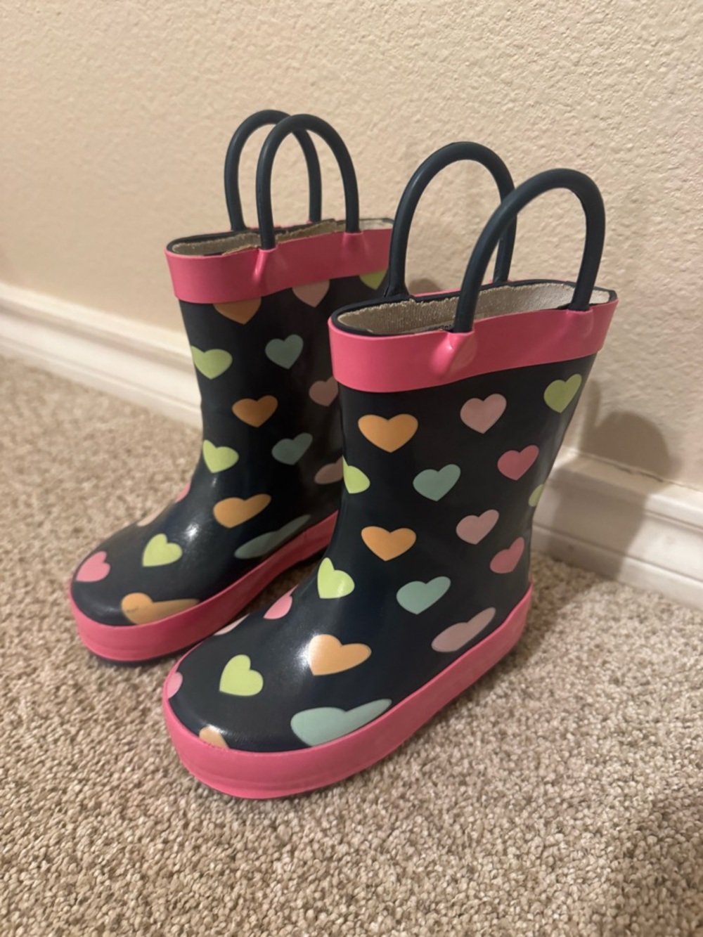 Western Chief Kids Rain Boots with Pink Trim and Multicolor Hearts